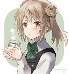 Rule 34 | 1girl, brown eyes, commentary request, cup, double bun, dress, green tea, hair bun, hatomaru (hatomaru56), holding, holding cup, kantai collection, light brown hair, long sleeves, looking at viewer, michishio (kancolle), michishio kai ni (kancolle), one-hour drawing challenge, pinafore dress, shirt, short twintails, sleeveless, sleeveless dress, solo, steam, tea, twintails, two-tone background, upper body, white shirt, yunomi