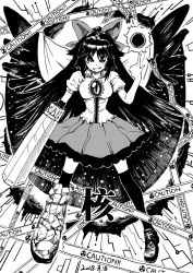 Rule 34 | arm cannon, asymmetrical footwear, bird wings, black hair, black thighhighs, black wings, bow, breasts, cape, caution tape, chireiden, control rod, dated, dot nose, english text, frilled shirt, frills, greyscale, grin, hair bow, heran hei mao, loafers, long hair, mismatched footwear, monochrome, pointing, pointing up, reiuji utsuho, shirt, shoes, short sleeves, single shoe, skirt, smile, solo, starry sky print, sun, thighhighs, third eye, touhou, v-shaped eyebrows, weapon, wings, zettai ryouiki