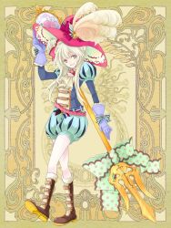 Rule 34 | 1girl, ascot, bell, feathers, fork, full body, gloves, grey hair, happy, hat, holding, holding weapon, looking at viewer, oversized object, puffy shorts, puffy sleeves, shoes, shorts, solo, source request, standing, suzuki akiko, weapon