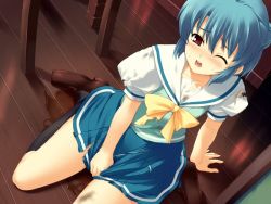 Rule 34 | 1girl, game cg, indoors, katagiri megumi, kusari, open mouth, peeing, peeing self, school uniform, socks, solo