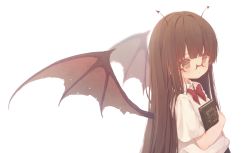 Rule 34 | 1girl, blush, book, bow, bowtie, brown eyes, brown hair, brown wings, closed mouth, collared shirt, commentary, demon girl, demon horns, demon wings, dolphro-kun, glasses, horns, long hair, looking at viewer, hugging object, original, red-framed eyewear, red bow, red bowtie, shirt, short sleeves, simple background, solo, symbol-only commentary, upper body, very long hair, white background, white shirt, wings