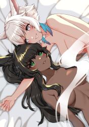 Rule 34 | 2girls, animal ears, arm pillow, blush, breasts, cat ears, completely nude, convenient censoring, dark-skinned female, dark skin, final fantasy, final fantasy xiv, freckles, green eyes, highres, large breasts, lipstick, long bangs, long hair, looking at another, lying, makeup, miqo&#039;te, multiple girls, nail polish, navel, newmoonshira, nude, on back, on bed, on side, ponytail, rabbit ears, short hair, smile, steam, steam censor, teeth, upper body, very long hair, viera, warrior of light (ff14), white eyes, white hair, y&#039;shtola rhul, yuri