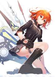 Rule 34 | 1girl, ahoge, avalon (fate/stay night), black gloves, black jacket, black scrunchie, blurry, blurry background, boots, breasts, brown eyes, brown footwear, chain, closed mouth, command spell, commentary request, cross-laced footwear, depth of field, dutch angle, ea (fate/stay night), enkidu (weapon) (fate), excalibur (fate/stay night), fate/grand order, fate (series), female focus, flag, fujimaru ritsuka (female), fujimaru ritsuka (female) (polar chaldea uniform), gae bolg (fate), gloves, grey skirt, hair between eyes, hair ornament, hair scrunchie, highres, jacket, knee boots, lace-up boots, lance, long hair, long sleeves, looking away, medium breasts, miniskirt, no panties, on one knee, one side up, orange hair, pleated skirt, polar chaldea uniform, polearm, ririko (zhuoyandesailaer), scrunchie, shield, skirt, snow, solo, standard bearer, sword, thigh strap, uniform, upskirt, v-shaped eyebrows, weapon, white background