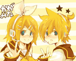 Rule 34 | 1boy, 1girl, bad id, bad pixiv id, blonde hair, blue eyes, brother and sister, hair ornament, hair ribbon, hairclip, headphones, headset, kagamine len, kagamine rin, ribbon, short hair, siblings, smile, twins, usagi (pixiv756855), v, vocaloid