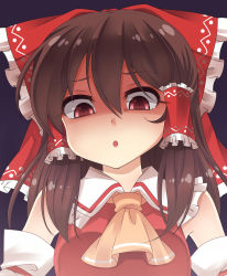 Rule 34 | 1girl, :o, ascot, blush, bow, brown hair, commentary request, detached sleeves, empty eyes, hair bow, hair ribbon, hair tubes, hakurei reimu, haruki (colorful macaron), large bow, looking at viewer, looking down, red eyes, ribbon, shaded face, simple background, solo, touhou, translation request, upper body