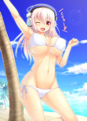 Rule 34 | 1girl, ;d, arm up, armpits, beach, bikini, bouncing breasts, breasts, day, headphones, jewelry, large breasts, lens flare, long hair, miyai sen, motion lines, navel, necklace, nitroplus, one eye closed, open mouth, palm tree, perky breasts, pink hair, red eyes, shiny skin, side-tie bikini bottom, skindentation, smile, solo, star (symbol), super sonico, swimsuit, tree, white bikini, wink