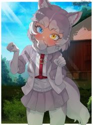 Rule 34 | 1girl, animal ears, barn, baseball, blue eyes, blush, commentary request, cowboy shot, dog (mixed breed) (kemono friends), dog ears, dog girl, dog tail, elbow gloves, gloves, grey hair, grey jacket, grey skirt, harness, heterochromia, highres, jacket, kedama (ughugjydthjdf), kemono friends, multicolored clothes, multicolored hair, multicolored jacket, open clothes, open jacket, pantyhose, paw pose, pleated skirt, scarf, shirt, short hair, short sleeves, skirt, solo, sweater, tail, two-tone hair, two-tone jacket, white gloves, white hair, white jacket, white pantyhose, white scarf, white shirt, white sweater, yellow eyes