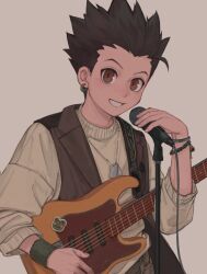 Rule 34 | 1boy, child, commentary, dog tags, earrings, english commentary, gon freecss, guitar, hoop earrings, hunter x hunter, ik18166181ik, instrument, jewelry, looking at viewer, male focus, microphone, simple background, single earring, solo, spiked hair, sticker, symbol-only commentary, teeth, upper body, wristband
