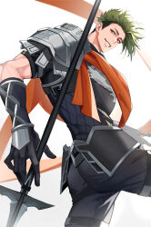 Rule 34 | 1boy, absurdres, achilles (fate), armor, ass, fate/grand order, fate (series), gloves, green hair, haruakira, highres, holding, holding polearm, holding weapon, looking at viewer, male focus, muscular, muscular male, orange sash, pants, pauldrons, polearm, short hair, shoulder armor, single pauldron, smile, solo, undercut, weapon, yellow eyes