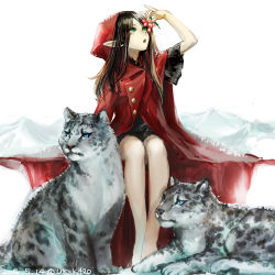 Rule 34 | 1girl, bare legs, blue eyes, brown hair, buttons, coat, dated, flat chest, green eyes, holding, hood, hoodie, long hair, looking up, open mouth, original, parted bangs, pointy ears, short sleeves, signature, simple background, sitting, snow, snow leopard, trench coat, uraki (tetsu420), white background