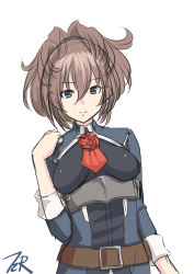 Rule 34 | 1girl, ascot, blue eyes, breasts, brown hair, commentary request, flower, highres, kantai collection, long hair, looking at viewer, messy hair, military, military uniform, red ascot, red flower, red rose, rose, sheffield (kancolle), simple background, small breasts, smile, solo, t2r, uniform, white background