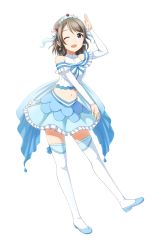 Rule 34 | 1girl, ;d, absurdres, blue eyes, blue footwear, blue skirt, brown hair, collarbone, crop top, crown, detached sleeves, frilled skirt, frills, full body, hair ribbon, high heels, highres, koi ni naritai aquarium, long hair, love live!, love live! sunshine!!, midriff, miniskirt, navel, one eye closed, open mouth, pumps, ribbon, salute, skirt, smile, solo, standing, stomach, swept bangs, thighhighs, transparent background, watanabe you, white ribbon, white thighhighs, zzt (zztsama)