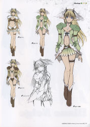 Rule 34 | 1girl, blonde hair, blue eyes, boots, breasts, bridal garter, character sheet, cleavage, cleavage cutout, clothing cutout, concept art, costume chart, dress, elbow gloves, elf, elwing, feathers, female focus, flat color, frills, gloves, hairband, head wings, highres, lineart, long hair, long legs, looking at viewer, miniskirt, partially colored, pointy ears, shining (series), shining tears, shining wind, simple background, skirt, smile, solo, thigh strap, thighs, tony taka, white background, wings
