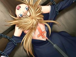 Rule 34 | 1girl, bad tag, bdsm, blonde hair, blue eyes, branding, branding iron, cecil adjani, chain, cross, crucifixion, crusade (touchy), from behind, game cg, indoors, inverted cross, kanzaki naoya, long hair, no bra, open clothes, open mouth, pain, sweat, tears, torture, touchy