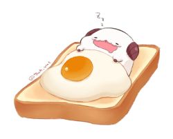 Rule 34 | 7mb yut, :3, :p, artist name, bread, bread slice, chibi, closed eyes, commentary, egg (food), food, food focus, horns, league of legends, no humans, poro (league of legends), simple background, sleeping, sunny side up egg, toast, tongue, tongue out, white background, zzz