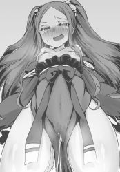 Rule 34 | 1girl, blush, breasts, breasts out, cameltoe, cleft of venus, fate/grand order, fate (series), looking at viewer, looking down, monochrome, nipples, peeing, peeing self, small breasts, solo, standing, wu zetian (fate), yumehori