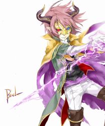 Rule 34 | 1boy, baal (p&amp;d), blue eyes, cape, demon, heterochromia, horns, lightning, male focus, mask, pointy ears, puzzle &amp; dragons, red eyes, red hair, solo, toma (imyplus)