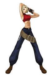 Rule 34 | 1girl, armpits, bare shoulders, belt, belt skirt, blonde hair, blue mary, boots, breasts, eyebrows hidden by hair, fatal fury, fingerless gloves, gloves, halterneck, midriff, nona, short hair, snk, solo, the king of fighters