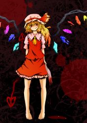 Rule 34 | 1girl, alternate wings, ascot, bad id, bad pixiv id, barefoot, blonde hair, blood, doseisan (dosei-san), fang, feet, female focus, flandre scarlet, full body, hat, highres, laevatein, red eyes, severed limb, side ponytail, smirk, solo, standing, embodiment of scarlet devil, touhou, wings