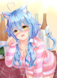 Rule 34 | 1girl, :d, absurdres, ahoge, all fours, animal ear fluff, animal ears, bell, bent over, blue hair, blush, breasts, cat ears, cat girl, cat tail, hair between eyes, hair ornament, hair over shoulder, hairclip, heart, heart ahoge, highres, hololive, large breasts, long hair, looking at viewer, loungewear, low twintails, multicolored hair, nail polish, open mouth, paw pose, ribbon, smile, solo, streaked hair, tail, tail bell, tail ornament, tail ribbon, teeth, twintails, upper teeth only, virtual youtuber, yellow eyes, yukihana lamy, yukikawa sara