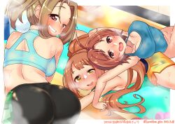 Rule 34 | 3girls, absurdres, back, blonde hair, blush, breasts, brown hair, check commentary, cleavage, collarbone, commentary request, dripping, exercising, floor, from above, heart, heart-shaped pupils, heavy breathing, highres, idolmaster, idolmaster cinderella girls, indoors, kurushima gire, large breasts, long hair, looking at viewer, looking back, manabe itsuki, mat, multiple girls, no pants, on floor, one eye closed, open mouth, parted bangs, pink eyes, ponytail, red eyes, saito yoko, short hair, shorts, signature, sleeveless, smile, sports bra, stain, steam, stretching, sweat, sweaty clothes, symbol-shaped pupils, tank top, topless, towel, wakabayashi tomoka, wet, wet hair, yellow eyes, yoga mat