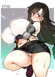 Rule 34 | 1girl, black hair, breasts, final fantasy, final fantasy vii, final fantasy vii remake, gloves, huge breasts, long hair, covered erect nipples, overall skirt, panties, red hair, sachito, shoes, skirt, square enix, suspender skirt, suspenders, sweat, thick thighs, thighs, tifa lockhart, underwear