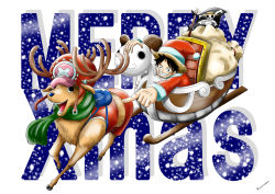 Rule 34 | absurdres, christmas, going merry, hat, highres, monkey d. luffy, one piece, reindeer, santa hat, sleigh, snow, tony tony chopper
