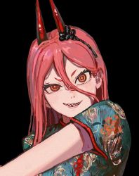 Rule 34 | 1girl, black background, chainsaw man, china dress, chinese clothes, cross-shaped pupils, dress, floral print, green dress, hair between eyes, horn ornament, horn ribbon, horns, long hair, looking at viewer, pink hair, power (chainsaw man), red eyes, red horns, ribbon, sharp teeth, shinamoku00, simple background, smile, solo, symbol-shaped pupils, teeth