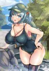 Rule 34 | 1girl, alternate breast size, backpack, bag, black thighhighs, blue eyes, blue hair, blue sky, breasts, cabbie hat, cleavage, cloud, covered navel, curvy, day, female focus, glint, hair bobbles, hair ornament, hat, huge breasts, jewelry, kawashiro nitori, kazo (kazozakazo), key, large breasts, leaning forward, looking at viewer, matching hair/eyes, necklace, one-piece swimsuit, open mouth, school swimsuit, shiny skin, skin tight, skindentation, sky, solo, swimsuit, taut clothes, taut swimsuit, teeth, thick thighs, thighhighs, thighs, toned, touhou, twintails, two side up, wide hips