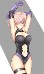 Rule 34 | 1girl, ahoge, arcie albano, armor, armored dress, armpits, arms up, bare shoulders, blush, breasts, cleavage, closed mouth, cowboy shot, elbow gloves, fate/grand order, fate (series), gloves, hair over one eye, highres, large breasts, light purple hair, looking at viewer, mash kyrielight, navel, purple eyes, purple gloves, short hair, smile, solo, stomach