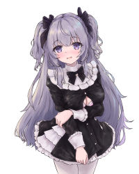 Rule 34 | 1girl, black bow, black dress, blush, bow, dress, hair bow, highres, indie virtual youtuber, long hair, long sleeves, looking at viewer, open mouth, purple eyes, purple hair, shanoa (vtuber), simple background, solo, two side up, virtual youtuber, vremyatsay, white background