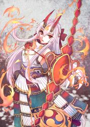 Rule 34 | 1girl, archer (fate), bow, bow (weapon), drawing bow, fate/grand order, fate (series), fire, holding, holding bow (weapon), holding weapon, horns, looking at viewer, oni, open mouth, solo, tomoe gozen (fate), weapon