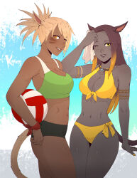 Rule 34 | 2girls, animal ears, armlet, artist name, ball, bikini, black shorts, blonde hair, breasts, brown hair, cat ears, cat tail, cleavage, commission, dark-skinned female, dark skin, earrings, facial mark, facial scar, final fantasy, final fantasy xiv, highres, holding, holding ball, jewelry, koyorin, looking at viewer, m&#039;naago, medium breasts, miqo&#039;te, mole, mole under mouth, multicolored hair, multiple girls, necklace, one eye closed, orange eyes, scar, scar across eye, scar on cheek, scar on face, short hair, shorts, slit pupils, sports bra, swimsuit, tail, two-tone hair, warrior of light (ff14), whisker markings, yellow bikini, yellow eyes