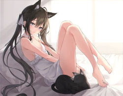 Rule 34 | 1girl, animal, animal ears, bare arms, bare legs, bare shoulders, barefoot, bed sheet, between legs, black cat, black hair, breasts, cat, cat ears, chemise, choker, closed mouth, extra ears, feet, frills, from side, hair ribbon, hand between legs, knees up, lkeris, long hair, looking at viewer, on bed, original, pillow, purple eyes, ribbon, sitting, sleeveless, small breasts, solo, spaghetti strap, thighs, toes, twintails, very long hair, white choker