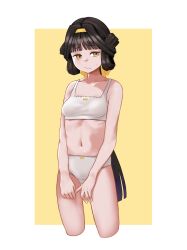 Rule 34 | 1girl, absurdres, black hair, bow, bow bra, bow panties, bra, breasts, brown eyes, closed mouth, commentary, cowboy shot, cropped legs, crotch seam, frown, girls&#039; frontline, grey bra, grey panties, hairband, half-closed eyes, highres, long hair, navel, o o (ywsm2327), panties, qbu-88 (girls&#039; frontline), small breasts, solo, standing, sweatdrop, training bra, underwear, underwear only, yellow background, yellow hairband