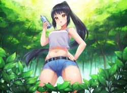 Rule 34 | 1girl, absurdres, bare arms, bare shoulders, belt, black belt, black hair, blustar sky, bottle, breasts, brown eyes, commentary, cowboy shot, crop top, day, denim, denim shorts, dew drop, english commentary, facing viewer, forest, from below, hand on own hip, high ponytail, highres, holding, holding bottle, legs apart, long hair, looking at viewer, medium breasts, midriff, nature, navel, original, outdoors, parted lips, plant, ponytail, short shorts, shorts, sidelocks, solo, standing, tank top, tree, very long hair, water bottle, water drop