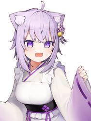 Rule 34 | 1girl, :d, ahoge, animal ear fluff, animal ears, apron, bell, blush, breasts, cat ears, frilled apron, frills, hair bell, hair ornament, highres, hololive, japanese clothes, jingle bell, kimono, long sleeves, looking at viewer, nekomata okayu, nekomata okayu (new year), obi, official alternate costume, open mouth, pinching sleeves, purple eyes, purple hair, ribbon-trimmed sleeves, ribbon trim, sash, seramikku, simple background, sleeves past wrists, small breasts, smile, solo, upper body, virtual youtuber, white apron, white background, white kimono