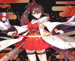 Rule 34 | 1girl, azur lane, black hair, breasts, brown eyes, cleavage, coat, commentary request, dress, hair ornament, holding, katana, long hair, looking at viewer, neme1228, ponytail, red dress, smile, solo, sword, thighhighs, weapon, wide sleeves, zettai ryouiki, zuikaku (azur lane)