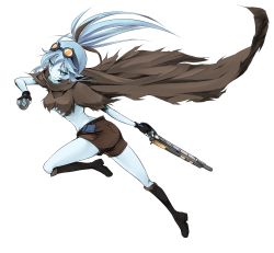 Rule 34 | 1girl, bad anatomy, black footwear, black gloves, blue eyes, blue hair, blue skin, boots, breasts, brown cape, brown hair, brown shorts, cape, colored skin, crusaders quest, fingerless gloves, full body, gloves, goggles, gun, highres, holding, holding gun, holding weapon, knee boots, long hair, looking at viewer, medium breasts, multicolored hair, ponytail, running, shorts, sidelocks, solo, streaked hair, two-tone hair, underboob, unli, weapon