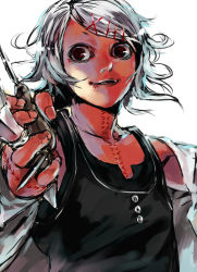 Rule 34 | 10s, 1boy, androgynous, hair ornament, hairclip, male focus, red eyes, scissors, shiromi (ringo), short hair, simple background, smile, solo, stitches, suzuya juuzou, suzuya juzo, tank top, tokyo ghoul, weapon, white hair