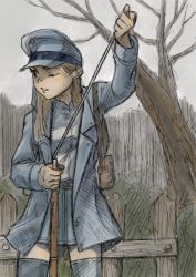 Rule 34 | 1girl, fence, gun, hair ornament, hat, highres, kageng, military, military hat, military uniform, musket, original, peaked cap, picket fence, ramrod, reloading, soldier, solo, thighhighs, tree, uniform, weapon, wooden fence