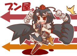 Rule 34 | 1girl, black hair, black wings, camera, chibi, female focus, goggles, goggles on head, grin, gurageida, hat, looking at viewer, open mouth, red eyes, shameimaru aya, short hair, smile, solo, thumbs up, tokin hat, touhou, wings