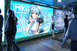 Rule 34 | 1girl, 2007, aqua eyes, aqua hair, arms behind back, black footwear, black skirt, blue nails, blue neckwear, breasts, character name, commentary, faceless, faceless male, gongha, happy birthday, hat, hatsune miku, highres, holding, jacket, large breasts, long hair, looking at viewer, mask, mouth mask, nail polish, necktie, open mouth, pants, people, pleated skirt, shirt, shoes, short sleeves, skirt, sleeveless, sleeveless shirt, smile, standing, tagme, teeth, twintails, upper teeth only, very long hair, vocaloid, white shirt, wing collar