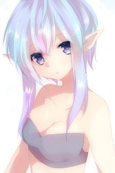 Rule 34 | 1girl, bare shoulders, breasts, colored eyelashes, light purple hair, long hair, looking at viewer, original, pointy ears, purple eyes, simple background, solo, takeshima eku, upper body, white background