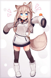 Rule 34 | 1girl, :d, animal collar, animal ear fluff, animal ears, black thighhighs, blue eyes, collar, dog ears, dog tail, fang, highres, hood, hood down, hoodie, light brown hair, long hair, long sleeves, no pants, open mouth, original, pouch, reitou mikan, smile, tail, thighhighs