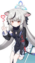 Rule 34 | 1girl, animal ear fluff, animal ears, bag, bare shoulders, black dress, black hair, black jacket, blue archive, blush, breasts, brown eyes, cleavage cutout, closed mouth, clothing cutout, commentary request, dress, feet out of frame, grey hair, hair between eyes, halo, hand up, heart, highres, index finger raised, jacket, kokona (blue archive), korean commentary, layered skirt, long hair, long sleeves, looking at viewer, multicolored hair, open clothes, open jacket, pleated skirt, puffy long sleeves, puffy sleeves, shoulder bag, simple background, skirt, sleeveless, sleeveless dress, small breasts, smile, solo, sprout (haji s), streaked hair, striped clothes, striped dress, striped jacket, vertical-striped clothes, vertical-striped dress, vertical-striped jacket, very long hair, white background, white skirt