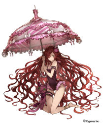 Rule 34 | 10s, 1girl, anna (granblue fantasy), arm garter, barefoot, frills, full body, granblue fantasy, hair over one eye, holding, knees together feet apart, bridal garter, long hair, minaba hideo, official art, red hair, simple background, solo, stuffed animal, stuffed toy, swimsuit, umbrella, very long hair, white background