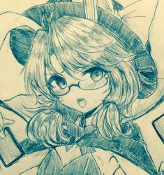 Rule 34 | 1girl, alternate costume, animal ears, blush, bow, bowtie, breasts, cape, card, close-up, commentary request, detached collar, efukei, glasses, hair between eyes, hat, hat bow, highres, holding, holding card, leotard, looking at viewer, low twintails, monochrome, nose blush, open mouth, playboy bunny, rabbit ears, semi-rimless eyewear, small breasts, solo, sweat, tongue, tongue out, touhou, traditional media, twintails, under-rim eyewear, upper body, usami sumireko