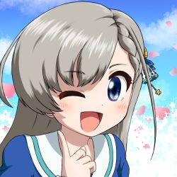Rule 34 | 1girl, ;d, blue eyes, blue shirt, blue sky, braid, braided bangs, cloud, commentary request, grey hair, hand up, highres, hisakawa hayate, idolmaster, idolmaster cinderella girls, idolmaster cinderella girls starlight stage, index finger raised, long hair, one eye closed, open mouth, petals, sailor collar, shirt, sky, smile, solo, unadon (unadoom), upper body, white sailor collar
