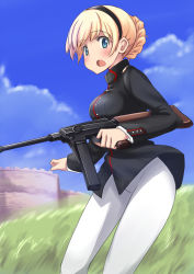Rule 34 | 1girl, :o, a9b (louis814), blonde hair, blue eyes, blue sky, blush, braid, cloud, day, grass, gun, hairband, highres, holding, holding gun, holding weapon, long hair, long sleeves, looking at viewer, mas-38, military, military uniform, open mouth, outdoors, pantyhose, rosalie de hemricourt de grunne, sky, solo, strike witches, submachine gun, uniform, weapon, white pantyhose, world witches series